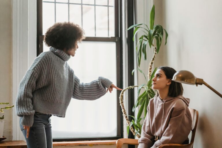 Why you shutdown - One woman standing and pointing at another who is seated and silent — illustrating the shutdown response in conflict, where the body goes still instead of speaking up.